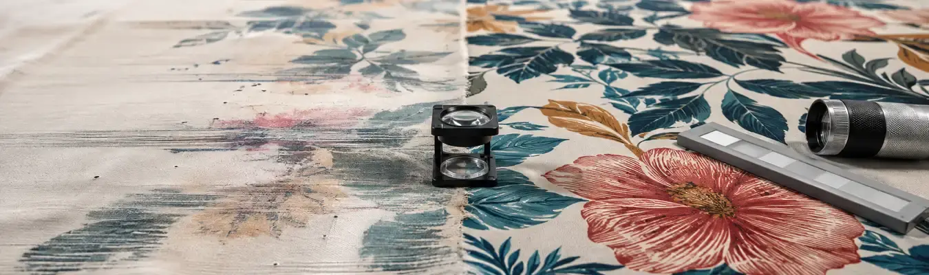 Floral fabric showing common printing defects and color issues